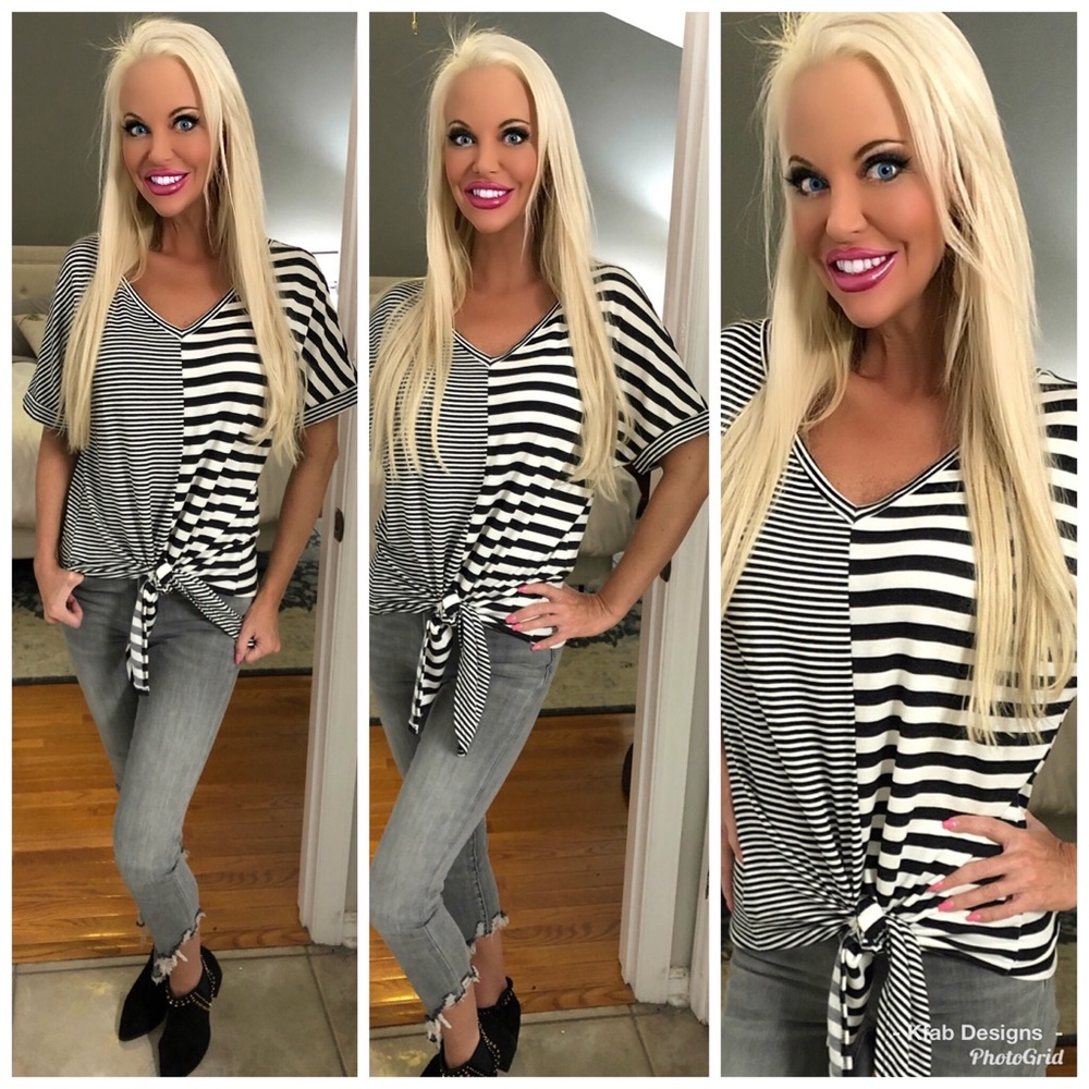 š„°LAST 1!Contrast Stripe Back Detail Front Tie Top - Picture 2 of 7